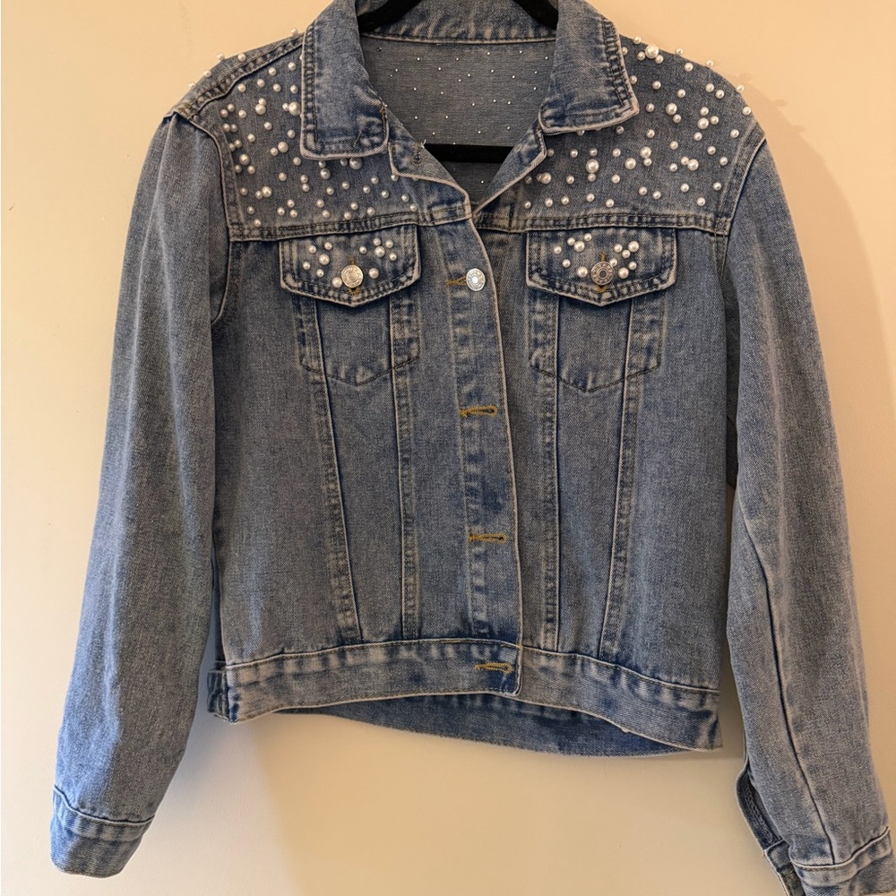 Women's Denim Jacket with Pearl Embellishments